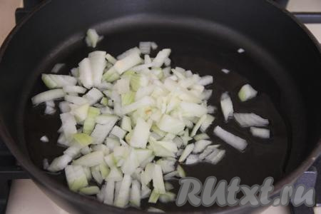 Лук почистить и мелко нарезать. В сковороду влить растительное масло, поставить на огонь, после этого выложить лук и обжарить его на среднем огне до прозрачности (в течение 2-3 минут), периодически перемешивая.