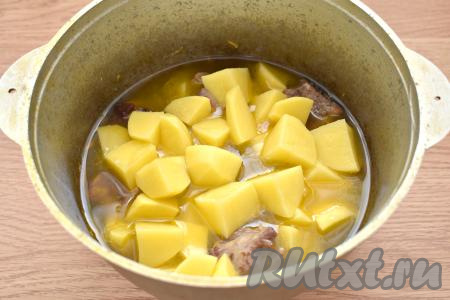 Вливаем в казан кипячёную воду так, чтобы она покрыла картофель наполовину. Досаливаем немного.