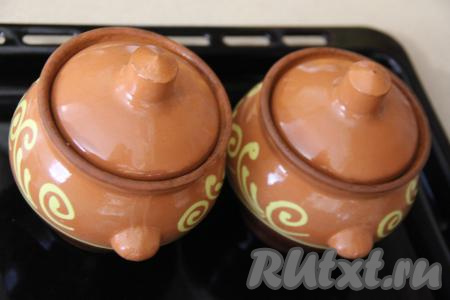 Накрыть горшочки крышкой, поставить на противень. Противень с горшочками отправить в холодную духовку, включить духовку, выставить температуру 180 градусов и готовить капусту с грибами 1 час.&nbsp;