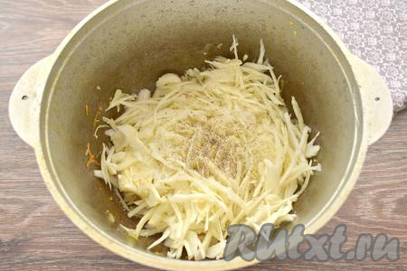 Затем добавляем тонко нарезанную капусту, вливаем 100 миллилитров кипячёной воды, солим и перчим по вкусу, перемешиваем.&nbsp;