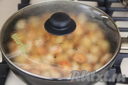 Затем перемешать пельмени с луком, накрыть сковороду крышкой и готовить на минимальном огне минут 15, за это время нужно будет 2-3 раза перемешать. Вначале пельмешки выделят немного жидкости, через 2-3 минуты, после начала тушения под крышкой, добавить в сковороду 2-3 столовых ложки воды, которая не даст пригореть пельменям с луком.