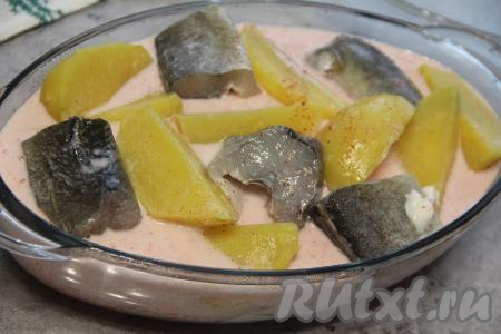 Залить навагу с картошкой получившимся сметанным соусом и поставить в разогретую духовку.