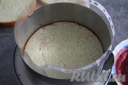 Остывший творожный бисквит разрезать вдоль на три части (на 3 коржа). Бортики формы выстелить файликами, можно использовать ацетатную плёнку. В форму выложить первый корж.