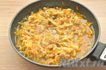 Теперь вливаем в сковороду&nbsp;200-230 миллилитров кипячёной воды, по вкусу солим и перчим.