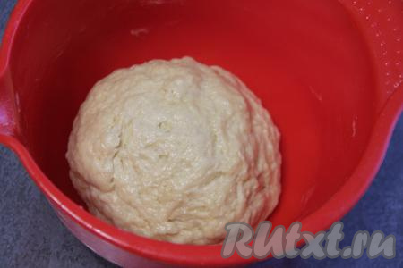 Когда тесто начнёт собираться в ком, начинаем вымешивать его руками, всыпая по мере необходимости муку. Тщательно вымесить тесто. Добавляя муку, учитывайте, что тесто должно получиться мягким, слегка липнущим. Оставить тесто в миске, накрыв полотенцем, на 1 час в тёплом месте.
