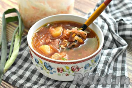 Борщ с квашеной капустой и курицей получился очень наваристым, сытным, вкусным.