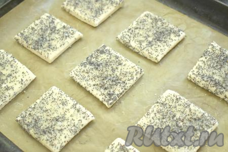 На противень, застеленный ковриком (или бумагой) для выпечки, выкладываем заготовки печенья так, чтобы маковая сторона была сверху. 