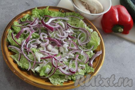 Поверх пекинской капусты разложить лук, нарезанный на тонкие полукольца.