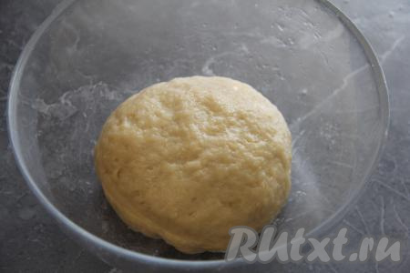 Добавляя муку, учитывайте, что дрожжевое тесто для шоколадной бабки должно получиться мягким, не липнущим к ладоням. Как только добились такой консистенции, больше муку не добавляйте, даже если у вас ушло муки меньше, чем указано в ингредиентах. Колобок теста оставить в миске и, накрыв плёнкой (или полотенцем), убрать в тёплое место на 1 час для подъёма.