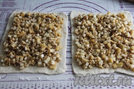 Начинку разделить на 2 части (мы будем готовить 2 штруделя) и выложить на раскатанные пласты слоёного теста, немного отступив от краёв. Разровнять яблочно-ореховую начинку, оставляя чистыми края теста.