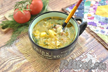 Щи, сваренные с квашеной и свежей капустой, получаются насыщенными и вкусными, разливаем их по тарелкам, по желанию, дополняем сметаной и подаём к столу.