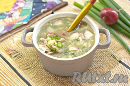 Окрошка, приготовленная со свининой на квасе, получилась сочной и вкусной, она прекрасно насытит и освежит в жаркий день.