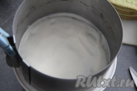 Сформировать шпинатный медовик. Я собирала торт в кулинарном кольце. Для приготовления крема соединить сметану и сахар, перемешать сметанный крем и оставить минут на 15 (за это время кристаллики сахара как следует растворятся в сметане). Выложить в кулинарное кольцо (или на плоское блюдо) первый корж, смазать равномерно частью сметанного крема.