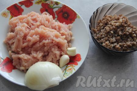 Куриное мясо вымыть, обсушить и пропустить через мясорубку. Гречку перебрать, убирая испорченные зёрна, затем промыть водой, лишней воде дать стечь. В кастрюле вскипятить воду (воды должно быть в 2 раза больше, чем гречки), выложить гречку и с момента закипания варить минут 20-25 (до испарения воды) на небольшом огне. Для формирования тефтелей отлично подойдёт и варёная гречка, оставшаяся с обеда или ужина. Чеснок и половину луковицы почистить.
