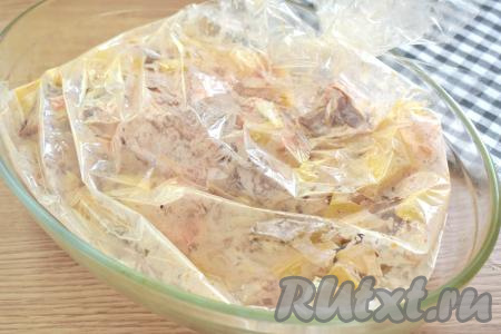 Картошку со свининой и овощами в сметане перекладываем в рукав для запекания. Концы рукава завязываем. Перекладываем рукав в форму для запекания. Делаем ножом на поверхности рукава 3-4 прокола для выхода пара и ставим в разогретую духовку.