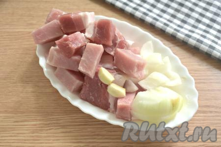 Мясо (я взяла свинину) моем, обсушиваем, нарезаем на небольшие брусочки. Очищаем лук и чеснок. Нарезаем лук на крупные кусочки.