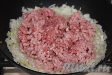 К обжаренному луку выложить фарш, перемешать обжаривать его на сковороде (или на режиме "Жарка") минут 15, постоянно разбивая комочки фарша. В процессе обжаривания посолить фарш.