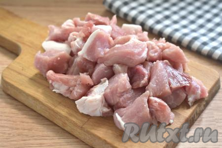 Свинину моем, обсушиваем, а затем нарезаем мясо на небольшие кусочки толщиной около 1,5-2 сантиметров. Очищаем луковицу.