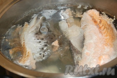 Как закипит, снимаем пену и оставляем вариться уху из головы семги на маленьком огоньке 1 час.