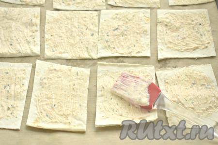 Получившимся сметанным соусом смазываем наши заготовки для чипсов. Удобнее всего смазывать кусочки лаваша с помощью кулинарной кисти.