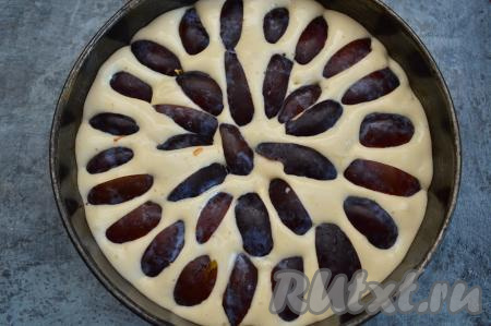 Поверх теста разместите кожурой вверх полоски слив и немного их утопите в тесто. Форму поставьте в хорошо прогретую духовку. Выпекайте шарлотку с яблоками и сливами минут 40-45 при температуре 180 градусов.