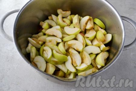 Яблоки переберите, тщательно промойте, разрежьте и удалите семенную коробочку. Яблоки, очищенные от семечек, нарежьте на тонкие ломтики и сложите в кастрюлю с толстым дном, в которой будете варить пюре. От кожуры я яблоки не очищала, но если есть желание, можете очистить яблоки от кожуры. В кастрюлю с яблоками влейте 150 миллилитров воды и поставьте на достаточно сильный огонь.