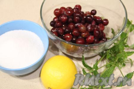 Веточки мяты и лимон вымыть. Крыжовник промыть водой, отрезать от каждой ягоды с помощью ножниц веточку и "носик". 