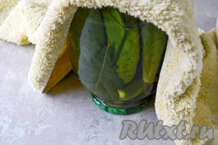 Закрутите банку крышкой. Поставьте банку с огурцами на крышку, чтобы проверить герметичность закрытия, укутайте хорошо в одеяло и оставьте на сутки (до полного остывания), а затем переставьте в прохладное место (в подвал, погреб или кладовку) на хранение.