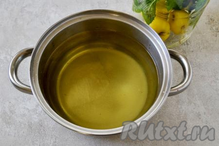 Через полчаса воду из банки слейте в кастрюлю, перемешайте и поставьте на огонь. Доведите до кипения и проварите яблочный сироп несколько минут (до полного растворения сахара).