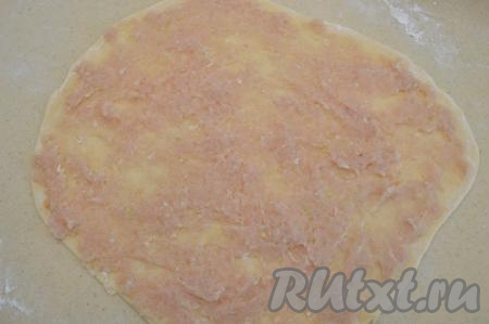 Половину фарша распределить тонким слоем по раскатанному тесту.