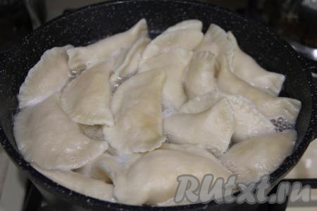 В кастрюлю влить воду, слегка подсолить и поставить на огонь. В закипевшую воду выложить вареники с яблоками и варить их с момента закипания 7 минут на небольшом огне. Если варите не все вареники, тогда оставшиеся вареники можно выложить в один слой на доску и заморозить в морозилке, а затем сварить по мере надобности.