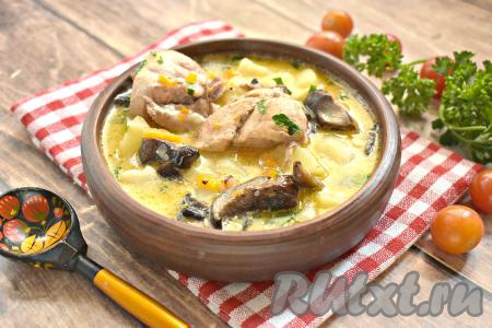 Курицу, тушёную в сметане, вместе с картошкой и грибами раскладываем по тарелкам и подаём к столу. Всем советую попробовать это сочное, сытное, ароматное и вкусное блюдо!