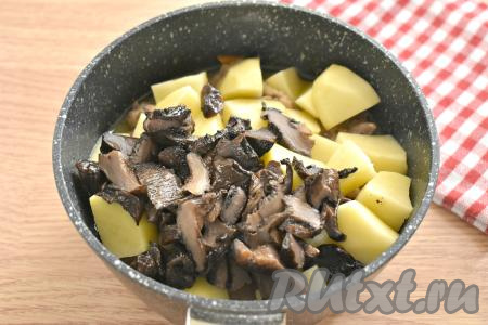 Сразу же нужно добавить грибы. Я использовала замороженные лесные грибы, которые перед заморозкой были отварены. Перед приготовлением блюда я грибы разморозила. Если вы готовите со свежими лесными грибами, тогда их нужно заранее отварить в течение 25-30 минут с момента закипания, а затем, слив воду, дать им остыть, нарезать на небольшие кусочки. Можно это блюдо готовить и с шампиньонами, их нужно просто промыть водой и нарезать на пластины.