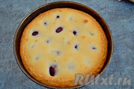 Пирог со сливами в сметанной заливке выпекать 50-55 минут в разогретой до 180 градусов духовке. Готовность пирога проверяйте по заливке. Если проткнуть готовую заливку сухой деревянной палочкой, то палочка по-прежнему останется сухой. Готовый пирог достать из духовки, дать ему немного остыть и снять бока формы.