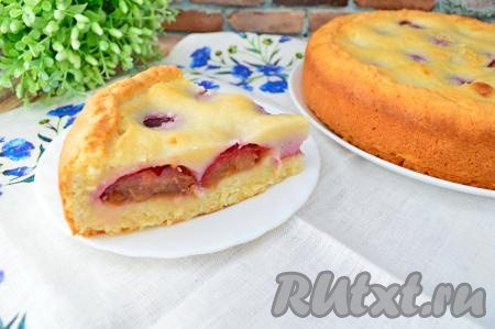 А вот какой симпатичный разрез у нашего пирога, песочное тесто подрумянилось снаружи, сметанная заливка стабилизировалась, а сливы сохранили свою форму, хотя хорошо пропеклись.