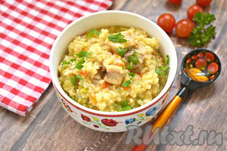 Готовой каше даём постоять под крышкой 10 минут, а затем раскладываем по тарелкам и подаём к столу. Ячневая каша, сваренная с добавлением мяса курицы, получилась в меру густой и вязкой, очень вкусной и сытной. Приготовьте это блюдо и оно удачно впишется в ваше ежедневное меню!