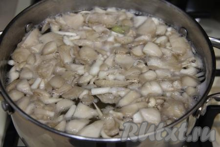 После того как картофель проварится 15 минут, добавить в кастрюлю нарезанные вешенки, дать закипеть и варить на небольшом огне 10 минут.