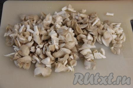 Вешенки промыть водой, нарезать на небольшие кусочки.
