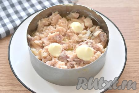 Рыбные консервы из банки сначала перекладываем на тарелку, убираем крупные косточки, если они есть, разминаем рыбу вилкой, а затем уже равномерно раскладываем поверх картошки. Слой из рыбных консервов тоже смазываем майонезом.