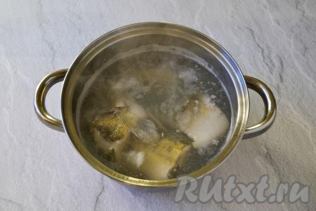 Доведите воду с кусочками судака до кипения, снимите пену.