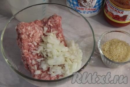 Лук мелко нарезать (или пропустить через мясорубку). В миске соединить фарш и лук.
