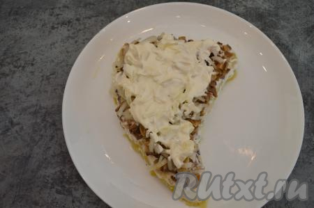 Поверх лука нанести тонкий слой майонеза.