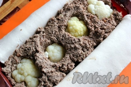 Затем тесто распределите по форме для запекания и положите на него паштет. Цветную замороженную капусту ошпарьте и воткните в паштетную массу. Соедините края теста так, чтобы паштет оказался закрытым сверху.