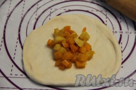 На присыпанной мукой поверхности раскатать одну часть теста в не тонкий круг. В центр круга выложить, примерно, 2 столовых ложки остывшей начинки из тыквы и яблок.