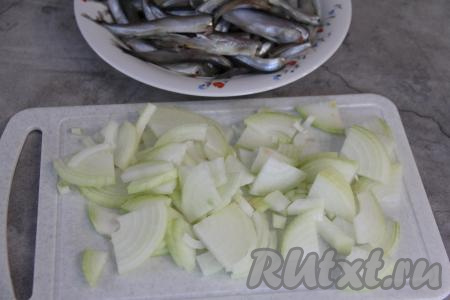 Лук нарезать на четверть кольца (или полукольца). Мойву посолить и перемешать.