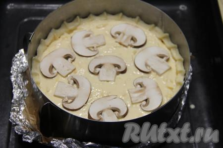 Разложить отложенные ранее пластинки грибов поверх заливки.