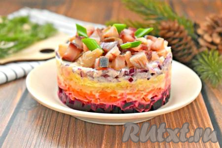 Вкусную, сочную "Селёдку под шубой" подаём к столу. В этом рецепте, в отличие от классического варианта салата, слои выкладывались наоборот. Поэтому "Селёдка под шубой" внешне получилась очень интересной. Приготовьте это блюдо и оно отлично разнообразит ваше и повседневное, и праздничное меню.
