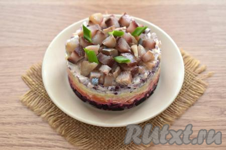 Даём салату "Селёдка под шубой" пропитаться в холодильнике минимум 30 минут, а затем подаём к столу, украсив на свой вкус (я украсила мелко нарезанным зелёным луком).