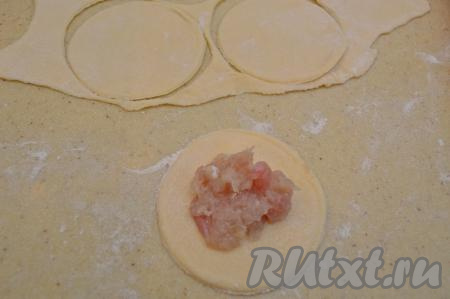В центр вырезанной заготовки положить чуть меньше чайной ложки куриного фарша.