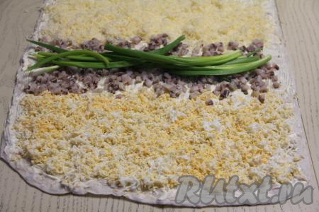 Перья зелёного лука вымыть, обсушить и выложить на слой из селёдки.